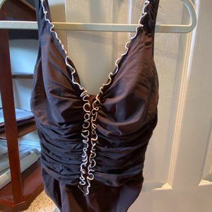 Profile Brown and White Ruffle One Piece Swimsuit Size 14